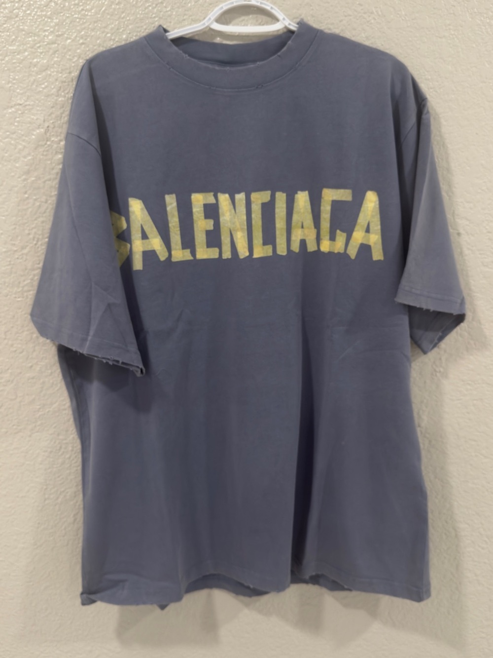 Balenciaga Men's Short  T-Shirt - Slate Blue with Yellow Print large oversized
